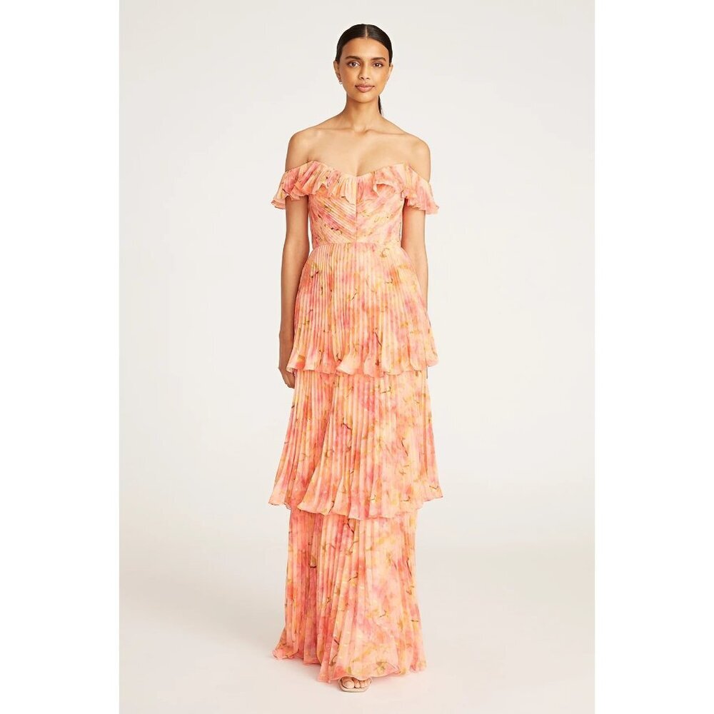 New Theia Beth Pleated Tiered Maxi Evening Gown Dress Peach Size 4 $895